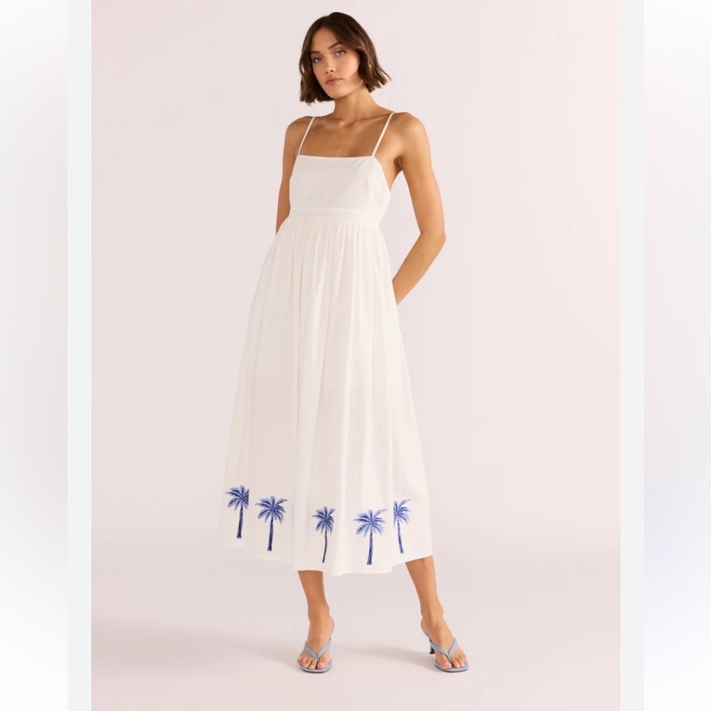 MinkPink White tropical palm tree embroidered midi dress - Picture 2 of 10
